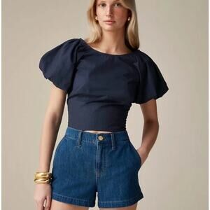 J‎ Crew Puff Sleeve Cropped Top 100% Cotton Poplin Navy Women's Size 4 Summer